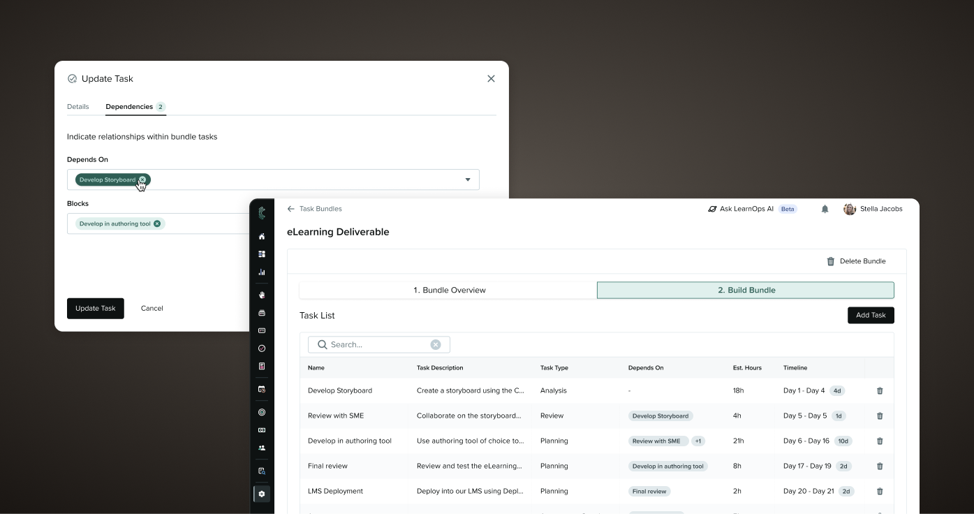 Screenshot of the Task Bundles feature in Cognota, showing an update task modal with dependency fields over a task list table.