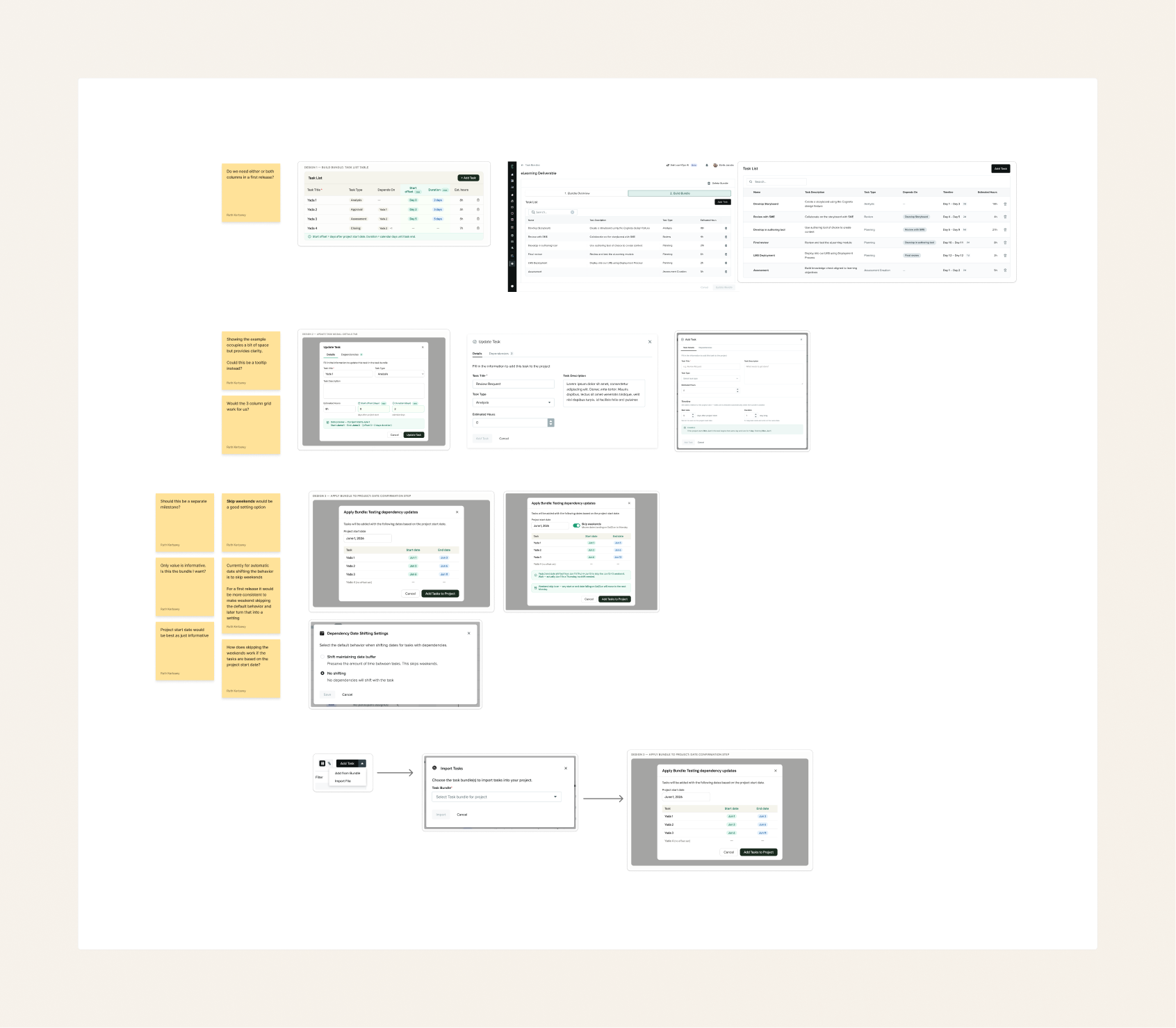 Ideation board with sticky-note feedback alongside early bundle table, task modal, and apply-bundle design explorations.