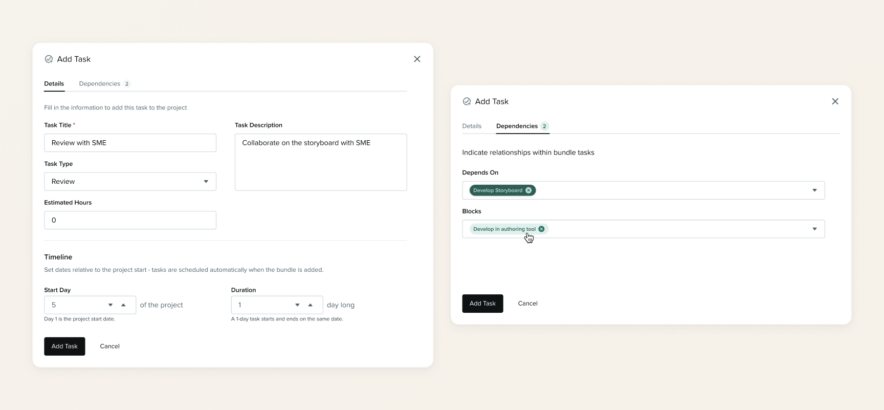 Add Task modal, Details and Dependencies tabs, showing task fields and dependency selection.