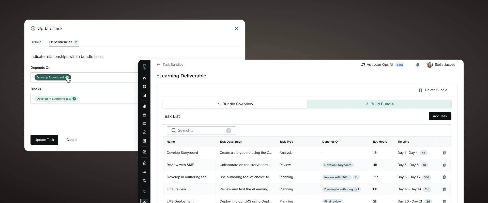 Composited screenshot of the Task Bundles feature: an Update Task dependencies modal over the eLearning Deliverable bundle's task list.